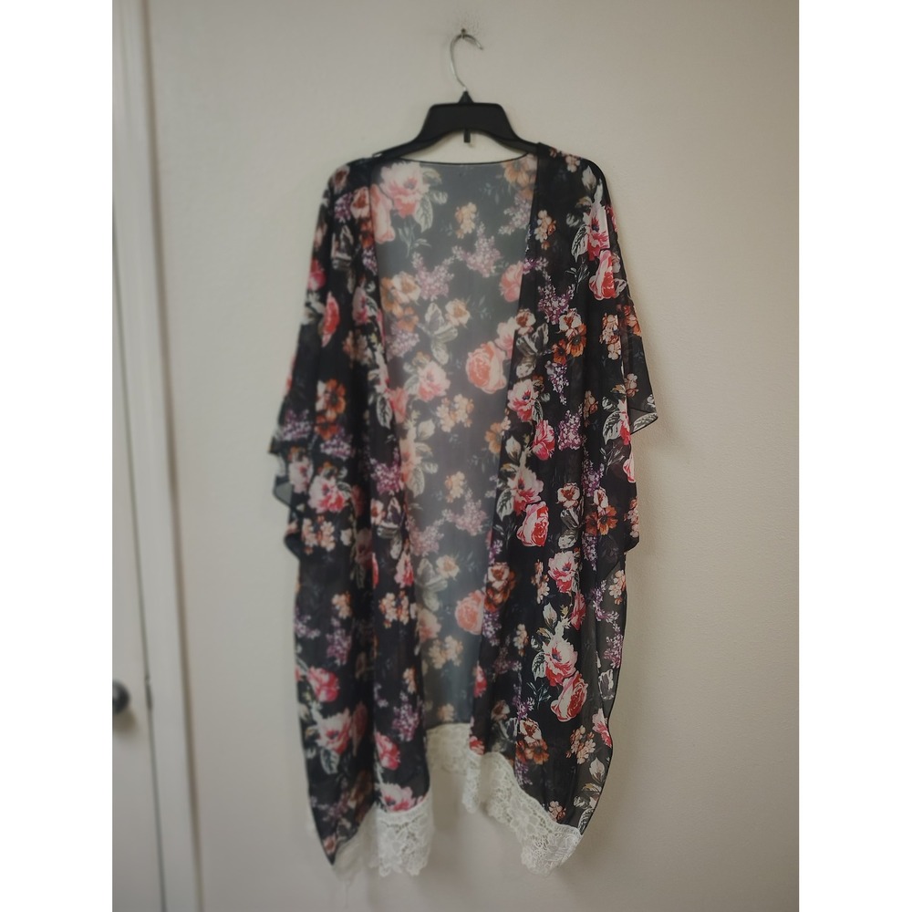 Hibluco Floral Kimono Cardigan Sheer Chiffon Lace Trim Cover Up Black XL
